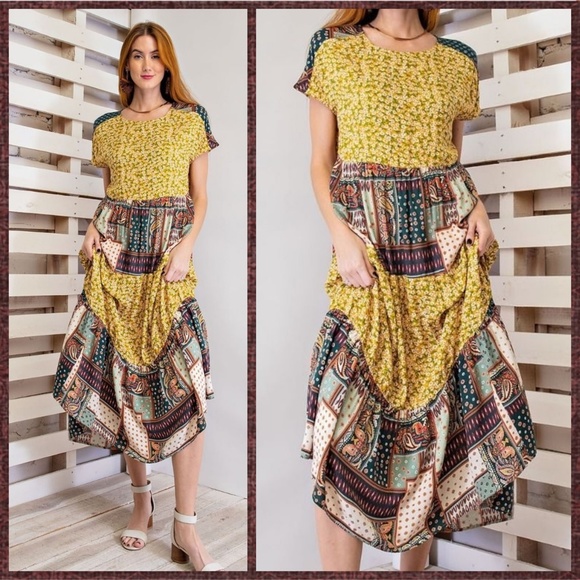 EASEL "Pretty Days" Cottagecore Mix Print Free Flow & Relaxed Pleated Maxi Dress - Picture 12 of 16